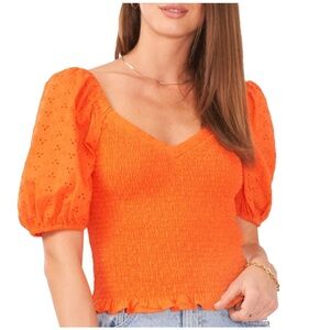 NWT Eyelet Smocked Top 100% cotton - 1.State - Tiger Orange XL L puff sleeve new